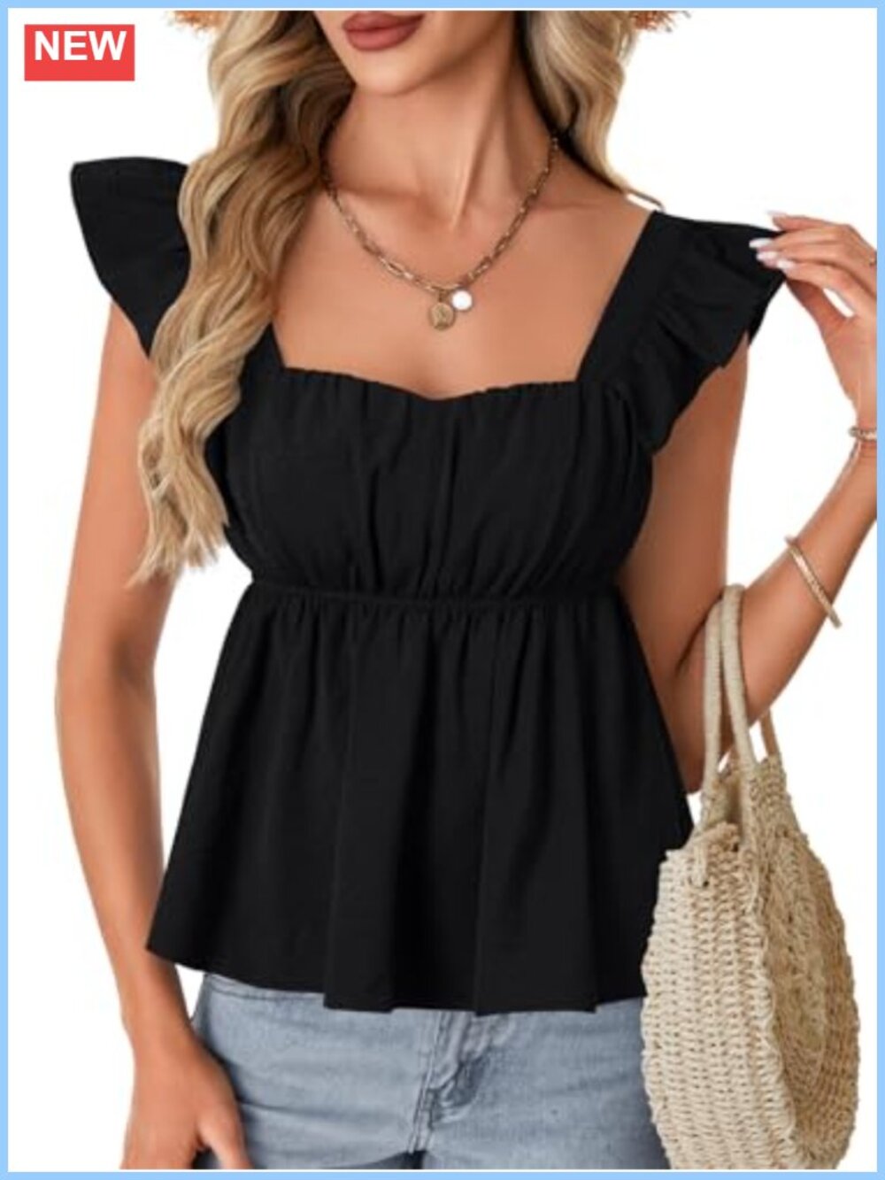 Square Neck Peplum Tank Top Ruffle Cap Sleeve Babydoll Blouse